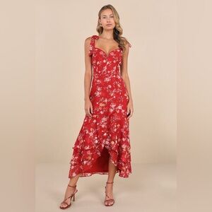 Lulus // So Elevated Red Floral Jacquard Tie-Strap High-Low Midi Dress